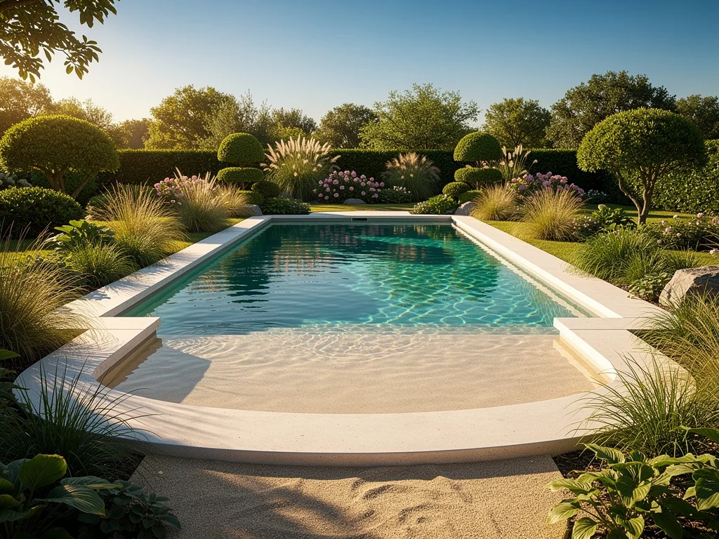 Piscine béton sur-mesure avec plage immergée dans un jardin paysager
