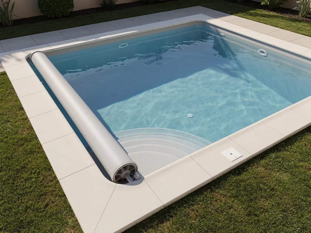 Piscine coque polyester avec margelles claires et volet immergé