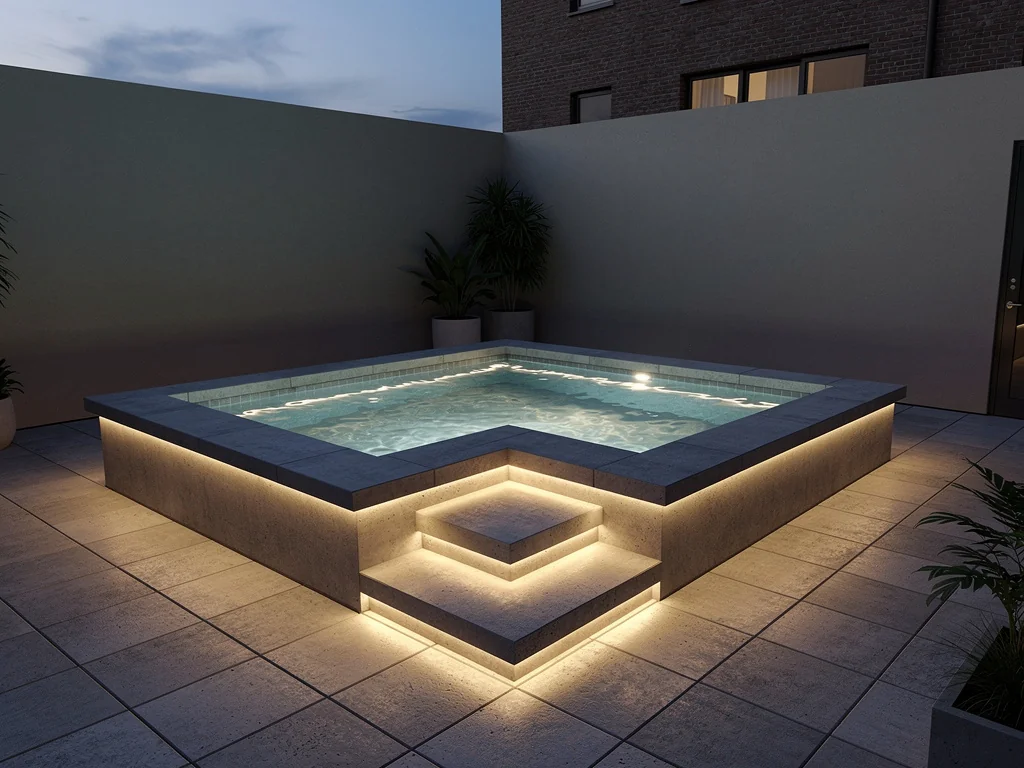 Petite piscine de ville avec escalier d'angle et éclairage LED